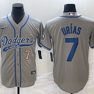 Men's Los Angeles Dodgers #7 Julio Urias Number Grey With Patch Cool Base Stitched Baseball Jersey