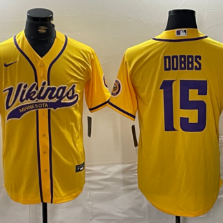 Men's Minnesota Vikings #15 Josh Dobbs Yellow With Patch Cool Base Stitched Baseball Jersey