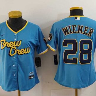 Youth Milwaukee Brewers #28 Joey Wiemer Blue 2022 City Connect Cool Base Stitched Jersey