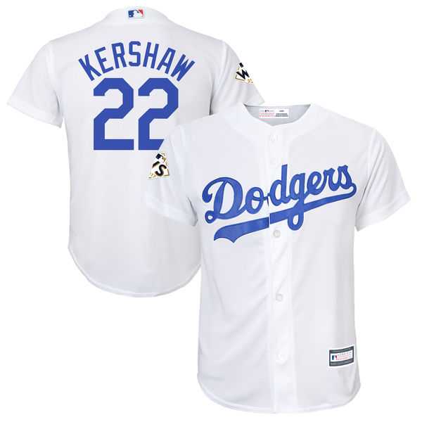 Youth Los Angeles Dodgers #22 Clayton Kershaw White 2017 World Series Bound Cool Base Player Jersey