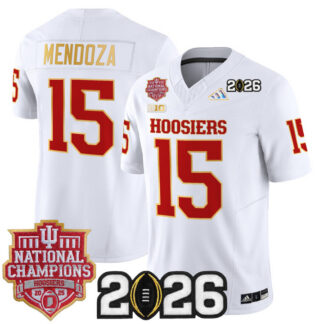 Men's Indiana Hoosiers #15 Fernando Mendoza White Gold Trim 2025 National Champions & 2026 CFP Final Patch F.U.S.E....