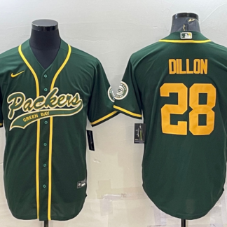 Men's Green Bay Packers #28 AJ Dillon Green Yellow With Patch Cool Base Stitched Baseball Jersey
