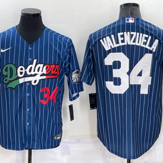 Mens Los Angeles Dodgers #34 Fernando Valenzuela Number Navy Blue Pinstripe 2020 World Series Cool Base Nike Jersey