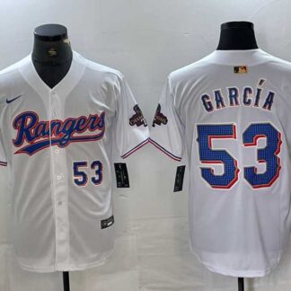 Men's Texas Rangers #53 Adolis Garcia Number White 2023 World Series Champions Cool Base Jersey