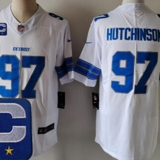 Men's Detroit Lions #97 Aidan Hutchinson Limited White 2025 Captain Patch Vapor Stitched Jersey