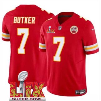 Men & Women & Youth Kansas City Chiefs #7 Harrison Butker Red 2025 Super Bowl LIX Patch F.U.S.E. Vapor Limited Stit...