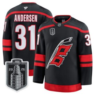 Men's Carolina Hurricanes #31 Frederik Andersen Black 2026 Stanley Cup Final Home Premium Hockey Stitched Jersey