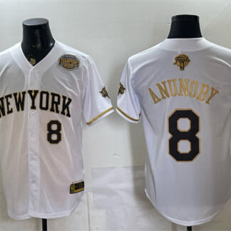 Men's New York Knicks #8 OG Anunoby White Gold 2026 Finals & Eastern Conference Champions Patch Stitched Baseball J...