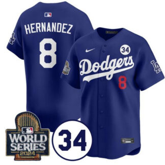Men's Los Angeles Dodgers #8 Enrique HernÃ¡ndez Royal 2024 World Series With No. 34 Patch Limited Stitched Baseball...