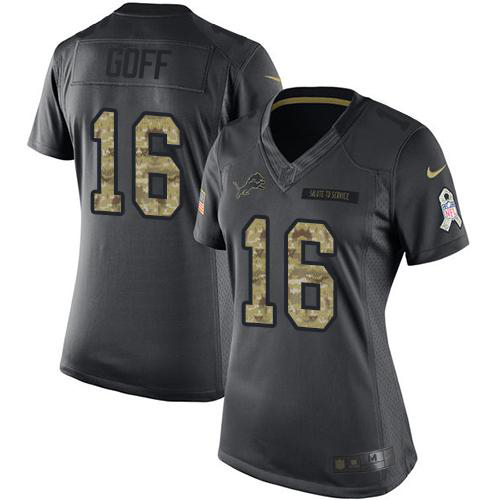 Detroit Lions #16 Jared Goff Black Women’s Stitched NFL Limited 2016 Salute to Service Jersey