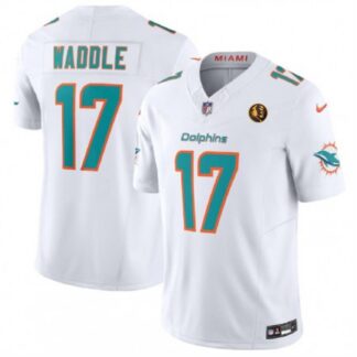 Men's Miami Dolphins #17 Jaylen Waddle White 2023 F.U.S.E. With John Madden Patch Vapor Limited Stitched Football J...