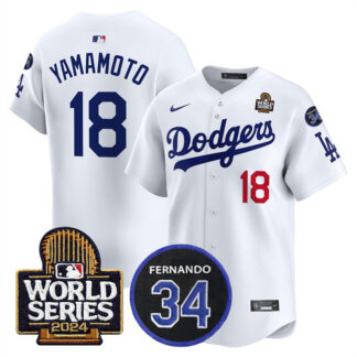 Men's Los Angeles Dodgers #18 Yoshinobu Yamamoto White 2024 World Series With Fernando Memorial Patch Limited Stitc...